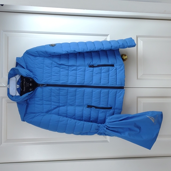 Womens Nautica Blue Stretch Packable Puffer Coat Detachable Hood Water - Picture 2 of 16